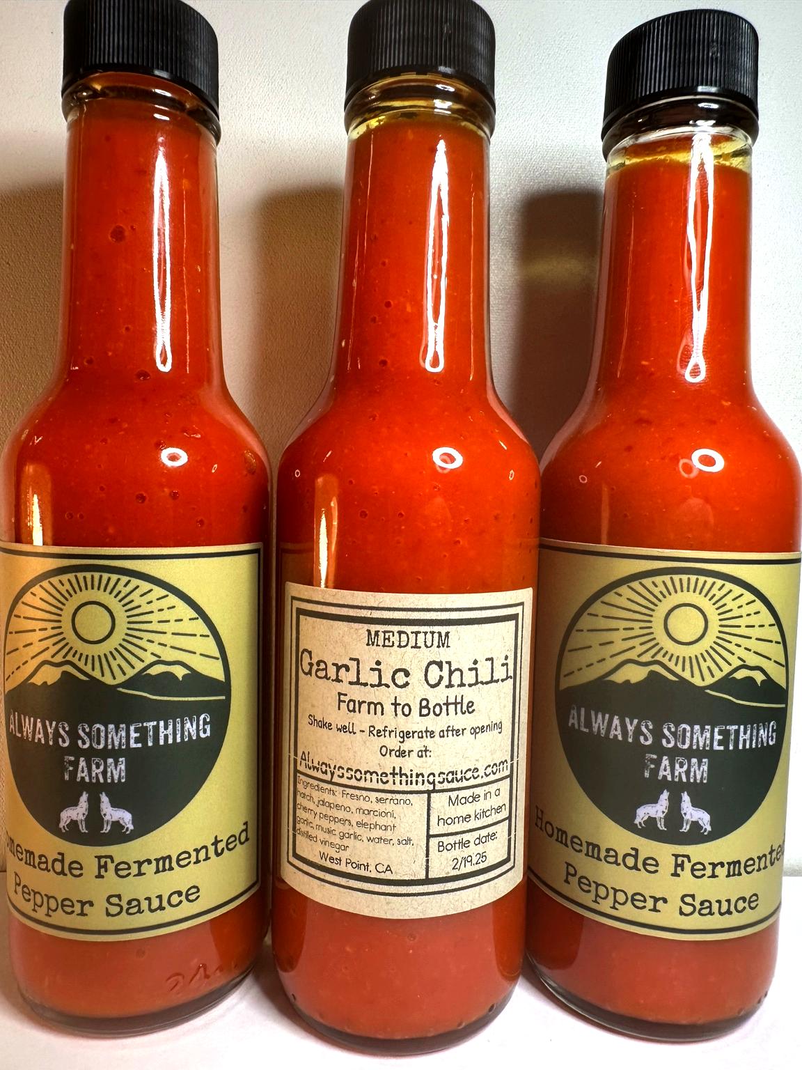 Garlic Chili fermented hot sauce bottle from Always Something Farm