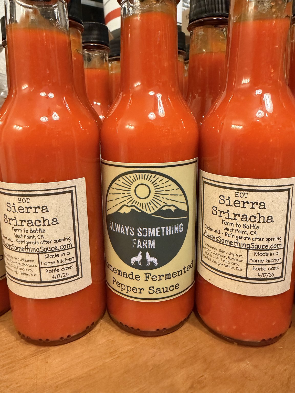 Sierra Sriracha fermented red jalapeño hot sauce bottle, Always Something Farm