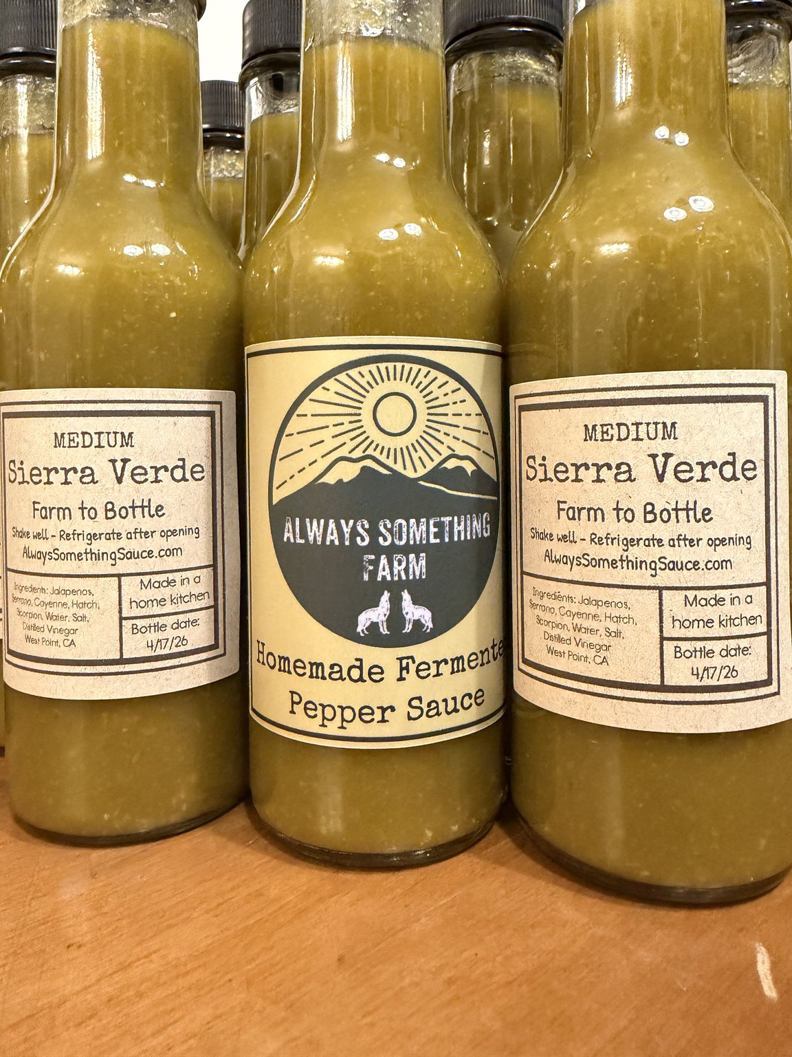 Sierra Verde green chile fermented hot sauce bottle, Always Something Farm