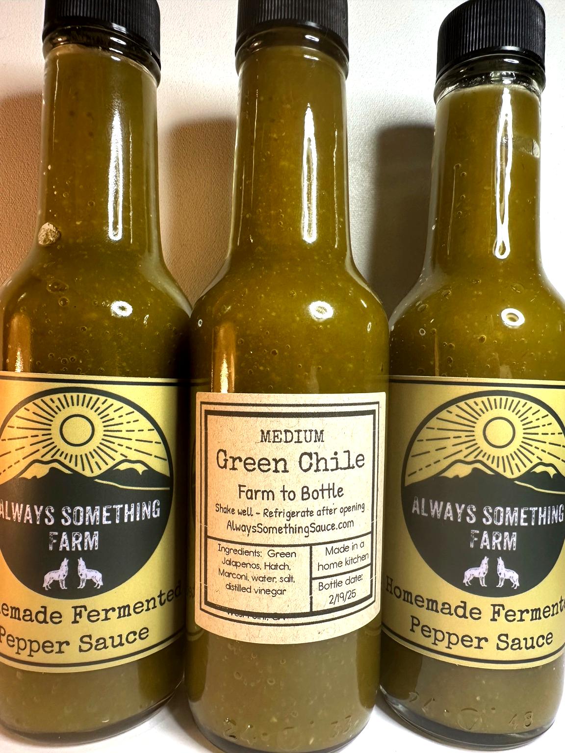 Sierra Verde green chile fermented hot sauce bottle, Always Something Farm